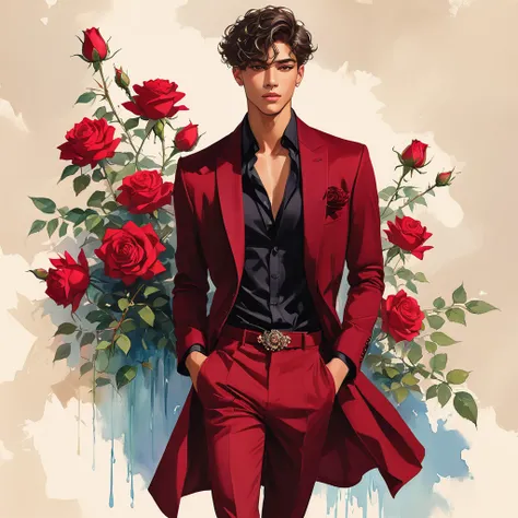 candid fashion illustration of young Mixed race male supermodel, aged 18 year old, the design inspired by the price rose from David Austin Rose, a charismatic and sophisticated figure dressed in a casual yet elegant deep red outfit. He is a striking presen...