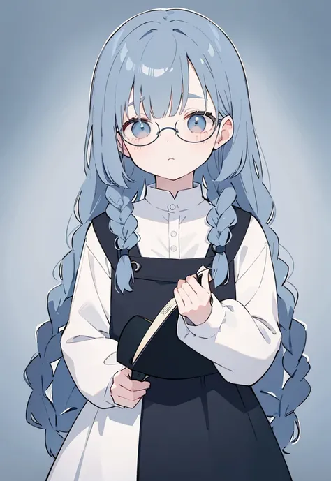 Gray and dark blue hair，With braids，Comes with a pair of thick-rimmed glasses，wearing white clothes，JK  black cloth dress，Shor a cute little ，Face shot