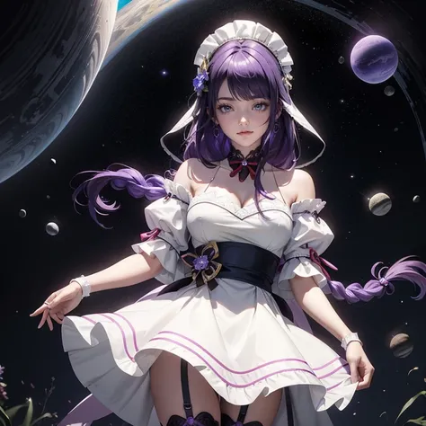 raiden shogun_(genshin impact), purple hair, white roses, ornament hair, roses on her hair, maid, maid dress, maid headdress, maid apron, purple hair, long hair, braided hair, 1girl, white maid dress, jewelry, purple hair, flowing hair, space scene, space ...