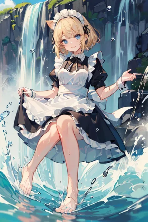 (Super best quality:1.6), (Highest quality:1.4), (Attention to detail:1.4), (Ultra-high resolution:1.6), (Detailed face), 
(Maid clothes, White apron, Headband, Black Dress, ribbon, Maid clothes, Classic, Long:1.4), (白と黒のMaid clothes), Blonde, Blue Eyes, C...