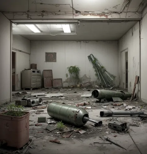 background with abandoned news television studio, post war, with missile on the ground, rusty refrigerator, broken closet doors, plants invading the environment 