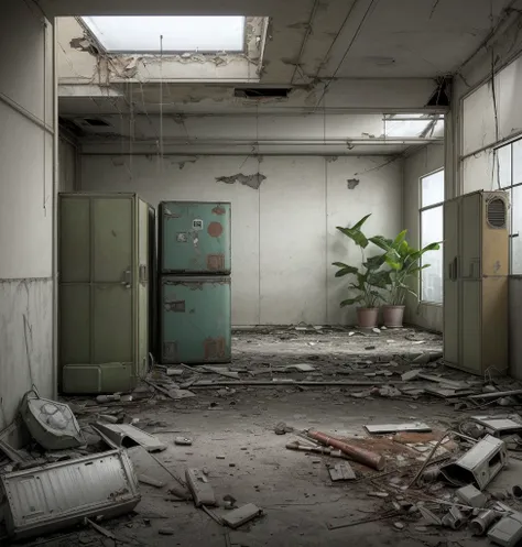 background with abandoned news television studio, post war, with missile on the ground, rusty refrigerator, broken closet doors, plants invading the environment 