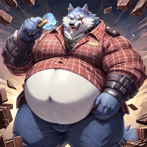 freddy (dislyte), male, wolf, solo, extremely fat, immobile, gigantic belly, eating chocolate messily, stuffed, straining clothe...