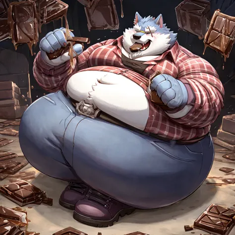 Freddy (Dislyte), male, wolf, solo, extremely fat, immobile, gigantic belly, eating chocolate messily, stuffed, straining clothes, red and white horizontal striped tee shirt, blue jeans, completely round body, big limbs, swollen cheeks, inflation, complete...