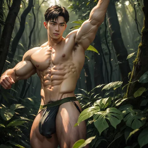 (Ultra realistic),Detailed realistic,a handsome asian muscular young man, forest guardian, godly presence, young god, 18 years old, taking care of plants, beautiful, smooth dark brown hair, detailed eyes, big eyes, green eyes, soft smile, big muscles, wear...