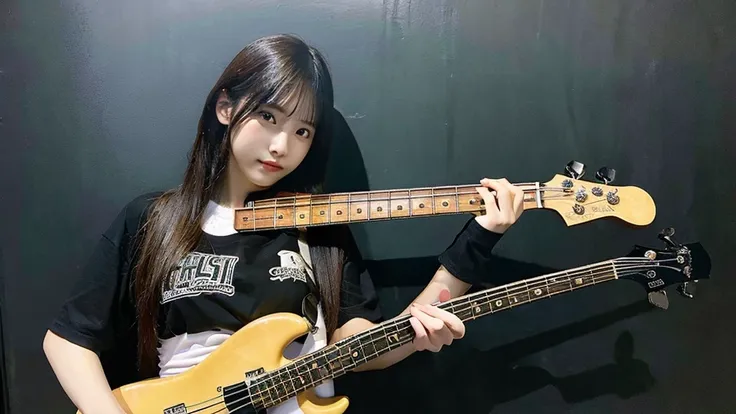 Highest quality　Girl in underwear holding a bass guitar