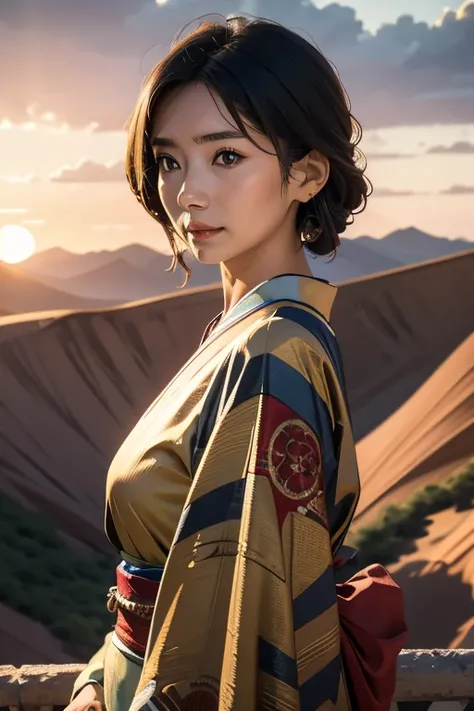 masterpiece, Transitioning desert landscape at sunset, Lonely Person, A beautiful 20-year-old woman appears dressed in nomadic clothing., Steampunk clothes, unconventional accessories, 風化した外観はbornき残りと回復力のオーラを醸し出す, 16K, Ultra-high resolution.Realistic, Ultr...