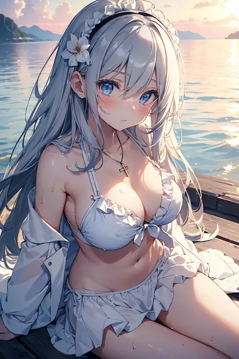 ((girl kawaii)), (a extremely delicate and beautiful girl), beautifully painted, cute, ((sense of digital)), (best detailed girl), lying on the lake, wet, girl, young, long hair blown up, Hair with flower, (grey hair), cute face, embarrassed, complex detai...