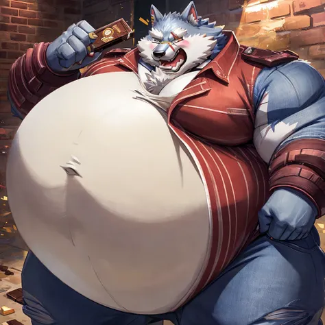 freddy (dislyte), male, wolf, solo, extremely fat, immobile, gigantic belly, eating chocolate messily, stuffed, straining clothe...