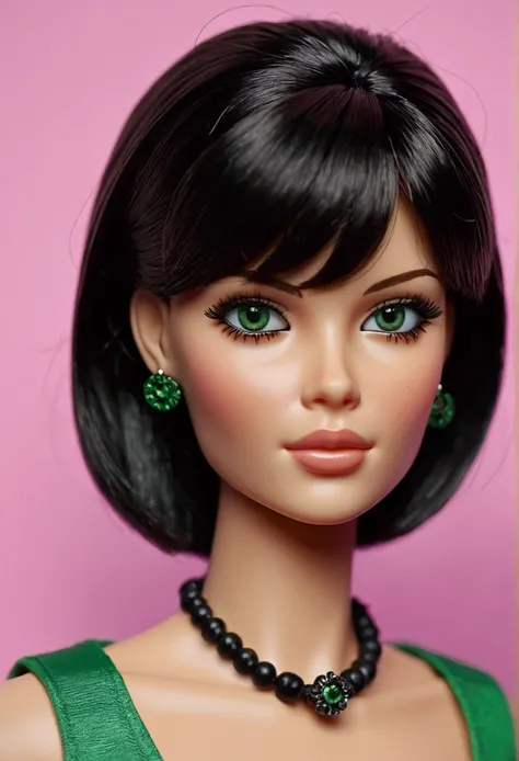 Realistic Barbie with bangs and green eyes short hair with black highlights and nose ring 