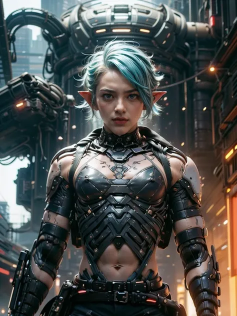 Femboy, cyberpunk style, blue hair, blue eyes, 1boy, elf ears, without , six pack abs