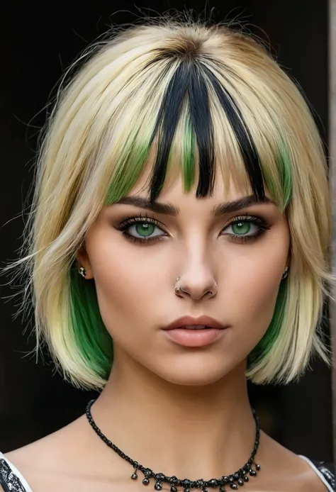   realistic with bangs and green eyes short blonde hair with black highlights and nose ring 