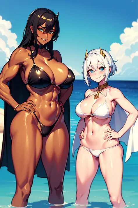 (Masterpiece, Best Quality, 4k), two women, fjorm & laegjarn, beach, sunny day, Woman (1): fjorm=(white swim suit, white bikini, white hair, blue eyes, big breast, large hips, smile, beatiful girl, enormeus breast, cape, tan, muscle, muscle woman, tomboy, ...