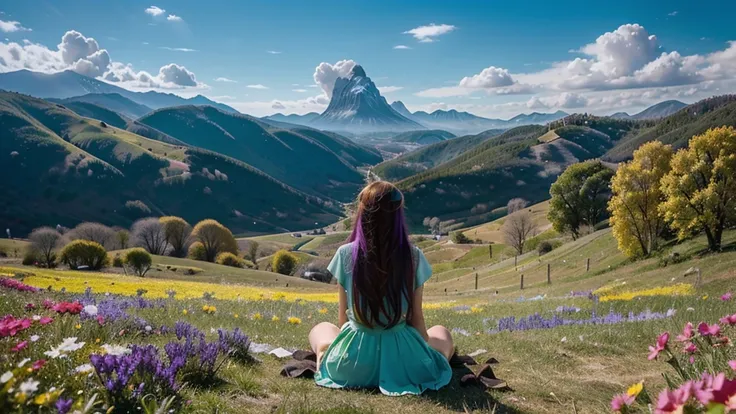 anime-style illustration, The image shows a young woman sitting on the grass watching overlooks the vast expanse of clear blue sky and mountain, flower colorful color blue red green purple yellow, fantasy world medieval, rocks, The scene is depicted in a h...