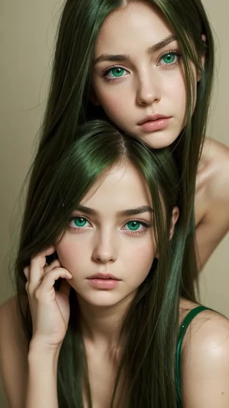 a girl.  face sent feeling.  Europe.  Oval face.  long face.  delicate facial features.  sad eyes.  seductively seductive.  green eyes.  long straight hair.  green hair.  Sad and disappointed expression.