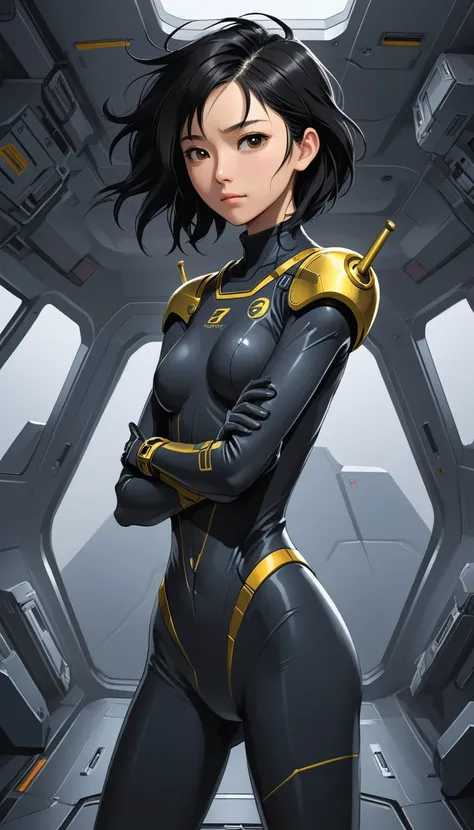 1 Girl、Medium Bust、solo、Black Hair、Braid、Mobile Race Suit、Shoulder Armor、ceiling、Wide Shot、Looking Ahead、Arms crossed、Closed Mouth、Highest quality、medium quality、22 years old、Mobile Trace System、cockpit、Asian、