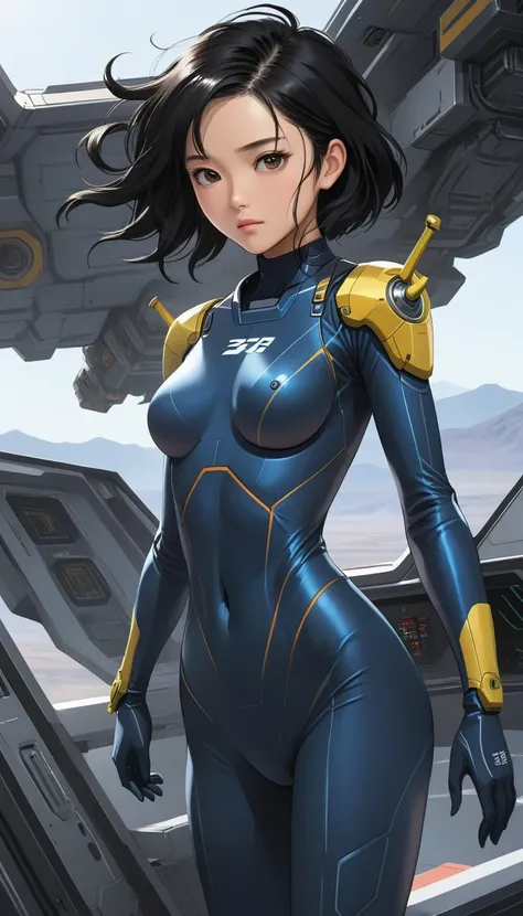 1 Girl、Medium Bust、solo、Black Hair、Braid、Mobile Race Suit、Shoulder Armor、ceiling、Wide Shot、Looking Ahead、Arms crossed、Closed Mouth、Highest quality、medium quality、22 years old、Mobile Trace System、cockpit、Asian、