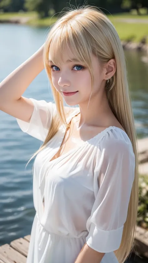 (8K), (Best Quality), (masutepiece:1.2), (Realistic), (Photorealistic:1.37), Ultra-detailed, 1girl in, Cute,((Just get out of the lake)),Smile,Beautiful detailed eyes, beautiful detailed nose, Full body, Wet hair, middlebreasts, ((Dramatic Lighting)),see t...