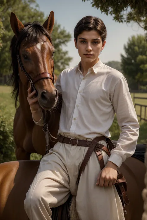 A cute, beautiful twink male with black hair and a red face with makeup. He is wearing a white long-sleeved shirt and brown gothic cotton and linen pants. He is riding a horse and has a war sword in his hand.