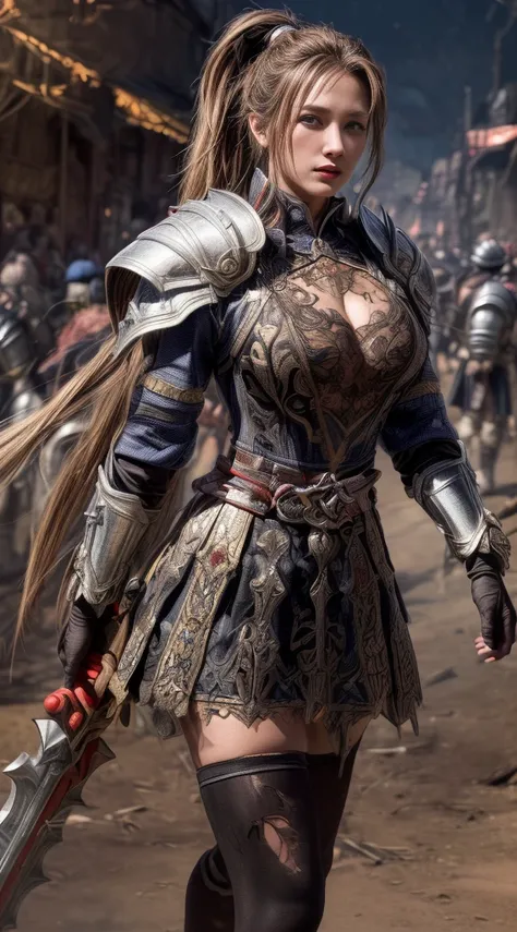 Very beautiful woman、Very tall woman、((logic))、(Detailed face)、Realistic Skin、((Knights of the Earth)), (((Light brown and black armor:1.25)))、((((非常に繊細で装飾が施されたLight brown and black armor))))、((Delicate photo))，(Girl Astepeace RAW Photo Details:1.25), (Hig...