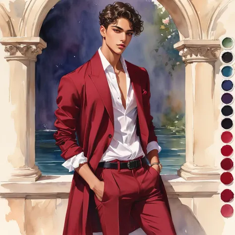 candid fashion illustration of young Mixed race male supermodel, aged 18 year old, prince eyes, the design inspired by the price rose from David Austin Rose, a charismatic and sophisticated figure dressed in a casual yet elegant deep red outfit. He is a st...