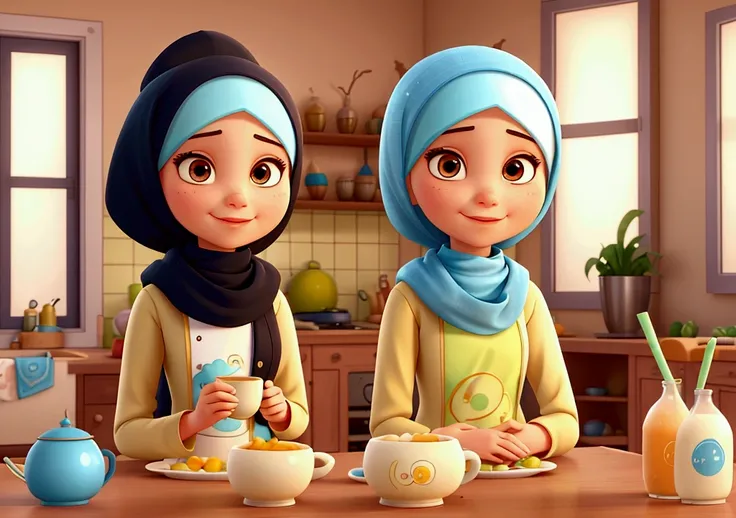 All the decor is modern and beautiful. A beautiful girl with a modern Islamic hijab tied to her neck. A character alone in the kitchen with no one else with her. A cartoon in the Disney Pixar style. She eats a cup of milk tea and two fried eggs in the morn...