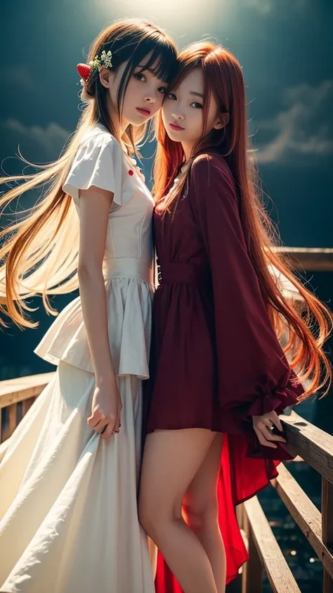 (natural strawberry blonde and redhead girls with pretty faces), cute pose, wearing a button dress, atmospheric, dark atmosphere...