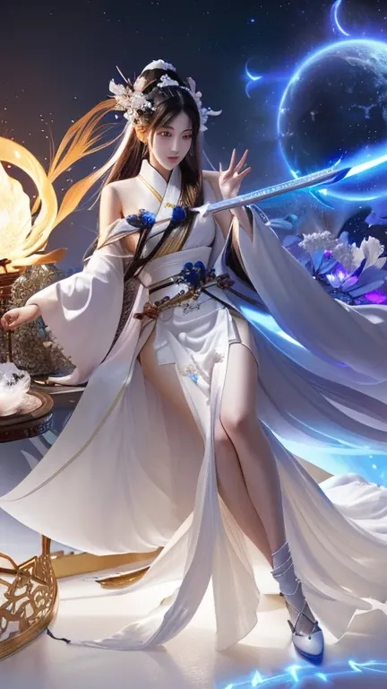 a woman in a white dress holding a sword and a ball, beautiful celestial mage, onmyoji detailed art, full portrait of elementalist, epic mage girl character, heise jinyao, extremely detailed artgerm, keqing from genshin impact, full body xianxia, by Yang J...