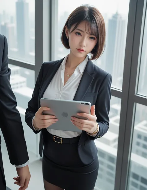 score_9, score_8_up, score_7_up,high quality,1 japanese girl, A professional Japanese office lady in a stylish business suit. She is standing in a modern office environment with large windows and a cityscape view of Tokyo in the background. She has an eleg...