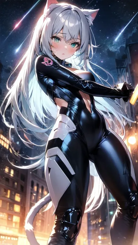 prompts A silver-haired beautiful girl with cat ears eyes are green hair is silver and long clothes: a form-fitting black combat suit The fist is an afterimage The background is a city at night her is in a cat-like fighting pose The year is 14 years monito...