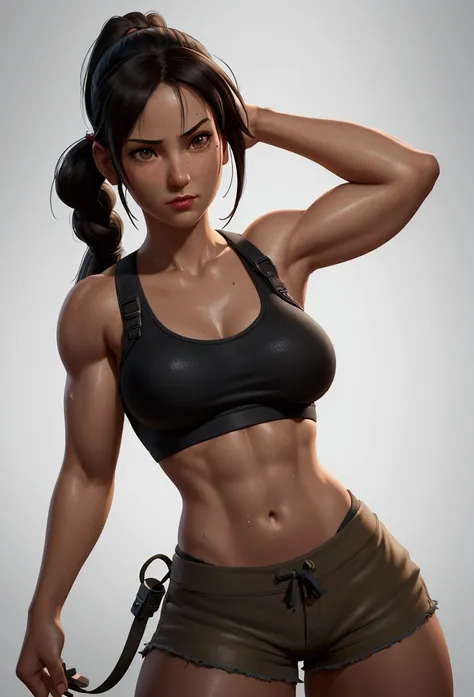 a woman in a tank top and shorts posing for a picture, a photorealistic painting by Ren Xiong, Artstation contest winner, digital art, muscular sweat lara croft, ultra realistic concept art, tifa lockhart, perfectly shaded body, tifa, lara croft, photoreal...