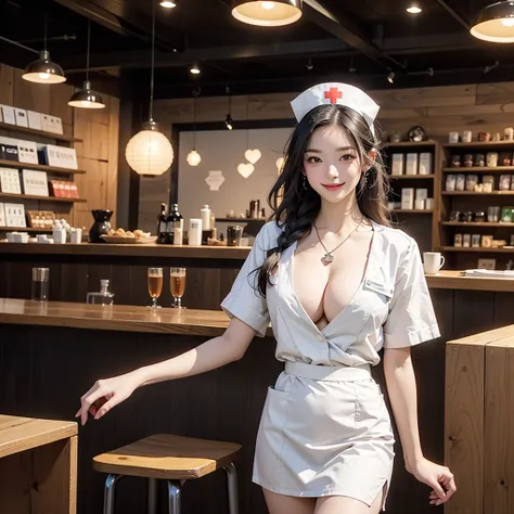 (((((((((Emphasize cleavage))))))))) 
((((((((((White nurse uniform mini skirt, smile))))))))))
(((((Large Breasts)))))
(((((((((No nurse hat)))))))))
 (((((((お洒落でcuteInside the Starbucks store))))))) 
8K、RAW Photos、Highest quality、Super detailed、Super Res...