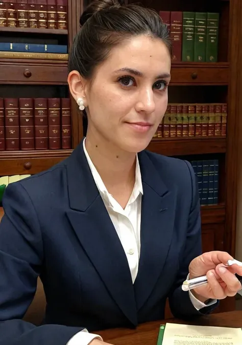 ((half body, professional)), Discreet Brazilian lawyer, ((dark hair in simple bun)), (28 years old), composed, masterpiece, qualidade excepcional, Ultra-detailed, alone, indoor, (((conservative law office))), (((modest professional attire))), ((navy blue b...