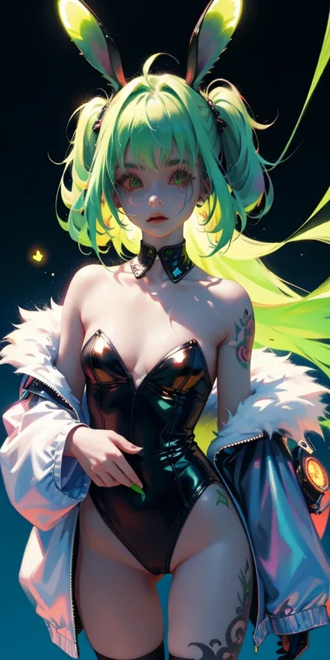 Rabbit technique , Science Fiction, Fluffy , 
1 girl, Tattoo, Glowing tattoo, Glowing eyes, Colorful glowing hair , Full body love, Green Hair,
  Kawaiitech, Soft colors, Kawaii, Lovely colors,