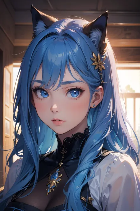 National Foundation, masterpiece, beautiful art, Professional artist, 8K, Art style：sciamano240, very detailed face, Very detailed hair, 1 Girl, perfectly drawn body, Pretty Face, long hair, light blue hair , Highly detailed blue vertical cat&#39;s eye, Pu...