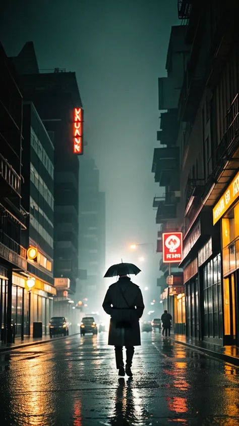 The movie scene features a headless Thai man walking in a dimly lit, wet street amidst a 1960s noir atmosphere. Men are expected to show off the charm and style of the era, dressed in (shirts)  Brown Raincoat), the streets should be bathed in neon lights, ...