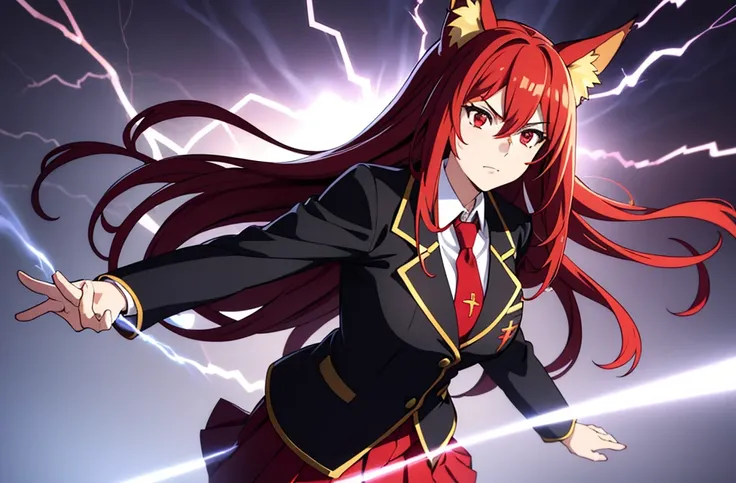 ((beautiful face)),1girl ,20s,mature female,solo,(red hair),long hair,red eyes,fox ears.serious,necktie,black jacket, blazer,long sleeves,pleated skirt,hair between eyes, wide shot, (Super big lightning shines:1.2)