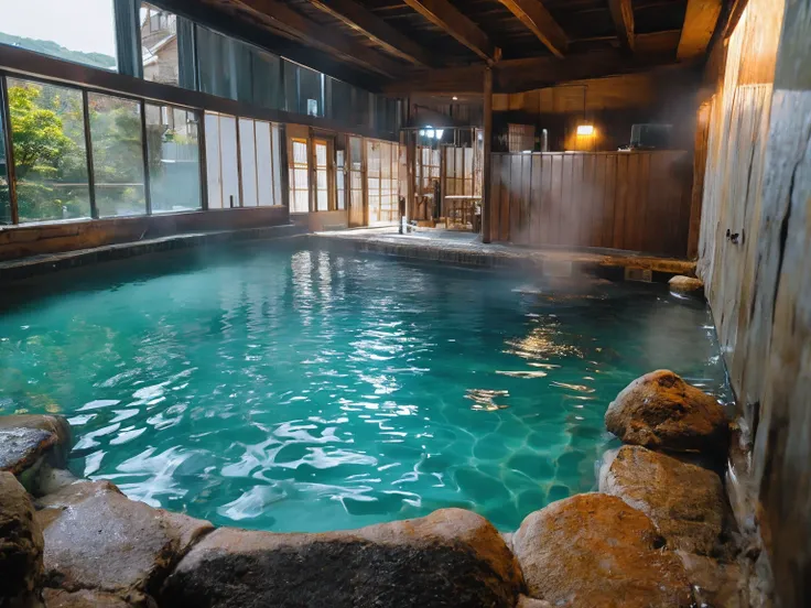 wide shot, realistic onsen