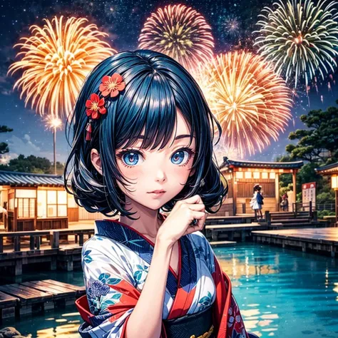 Microphotography, Anime girl made of glass in kimono silhouette, vibrant rainbow river, fireworks in night sky, colorful coral reefs, detailed illustration, Ukiyo-e style 