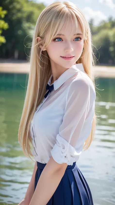 (8K), (Best Quality), (masutepiece:1.2), (Realistic), (Photorealistic:1.37), Ultra-detailed, 1girl in, Cute,((Just get out of the lake)),Smile,Beautiful detailed eyes, beautiful detailed nose, Full body, Wet hair, middlebreasts, ((Dramatic Lighting)),see t...