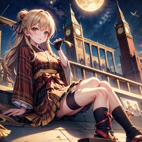 Brown and gold hair、Red gold eyes、Hair tied up、One good looking girl、solo、anime、Checkered mini skirt、Ruffles on the skirt、Checked dress、blouse、Kimono、button、geta、Black knee-high socks、Ribbon、Ribbon on waist、Teeth are visible、Starry Sky、Midnight Moon、Confet...