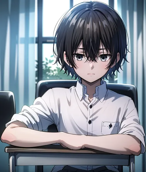 ((best quality)), ((masterpiece)), (detailed), boy, high , uniform, bored look, blank look, disinterested look, resting on desk,...