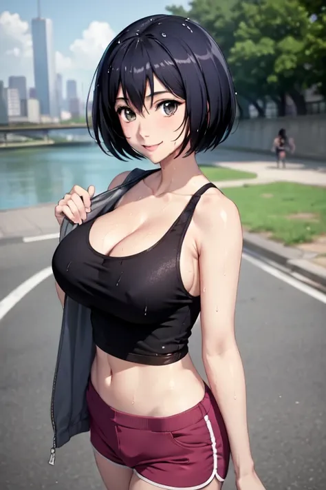 masterpiece, best quality, potrait, sakurada, pink tank top, short pants, large breasts, cleavage visible, wet clothes, see through clothes, park, looking at viewer, city scape, smile, bridge