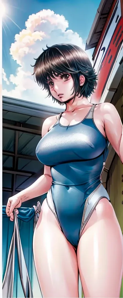 A beautiful woman with short hair, big breasts and beautiful legs is standing in a competitive swimsuit with her legs spread to the sides and blushing.。Angle from below。