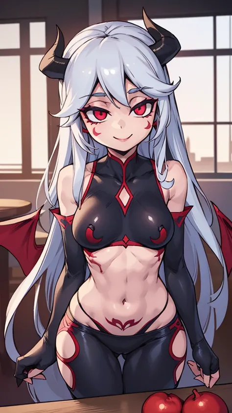 A lady with long gray hair, red eyes, wearing black nipple pasties, c-string pants, smile, devil, devil pattern, tattoo, devil horns, good figure, thin waist, Du Qiong, anime girl, belly button, no Regular nipple stickers, evil, seductive, eye-catching lab...