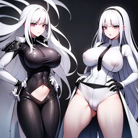 white hair, white skin wearing a black coat and white clothes underneath with black pants with some rips with big breasts sticking out showing nipples