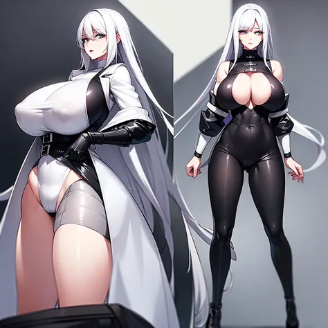 white hair, white skin wearing a black coat and white clothes underneath with black pants with some rips with big breasts sticking out showing nipples