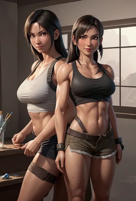 a smile woman in a tank top and shorts posing for a picture, a photorealistic painting by Ren Xiong, Artstation contest winner, digital art, muscular sweat lara croft, ultra realistic concept art, tifa lockhart, perfectly shaded body, tifa, lara croft, pho...