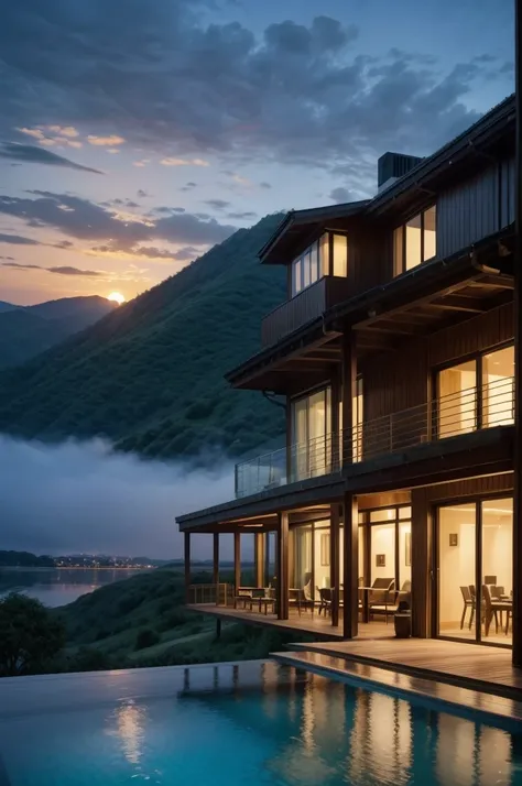 Generate a high-resolution image with realistic details of a farm hotel that features a Zaha Hadid style building with wood and metal texture, infinity pool with skyline landscape, twilight with sunset in high quality