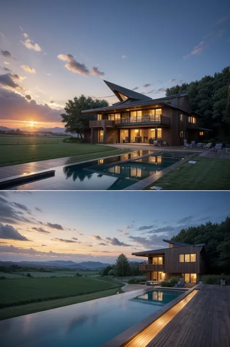 Generate a high-resolution image with realistic details of a farm hotel that features a Zaha Hadid style building with wood and metal texture, infinity pool with skyline landscape, twilight with sunset in high quality